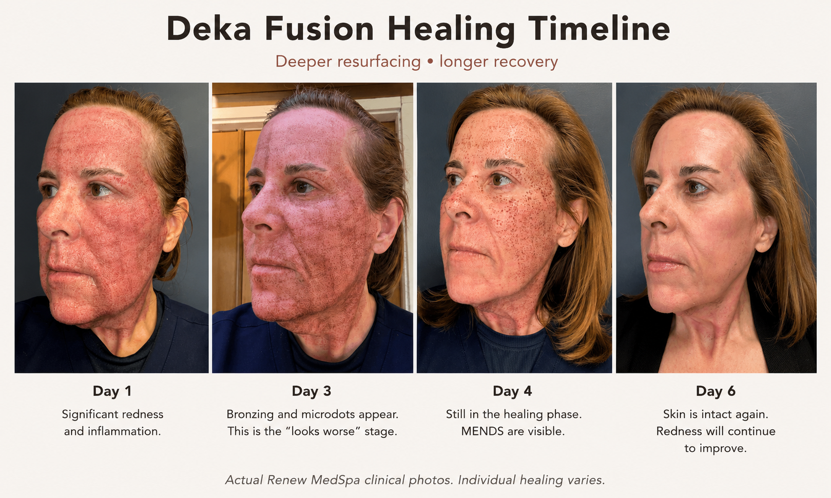 Deka Fusion healing timeline showing days 1, 3, 4 and 6 after CO2 fractional laser resurfacing at Renew MedSpa